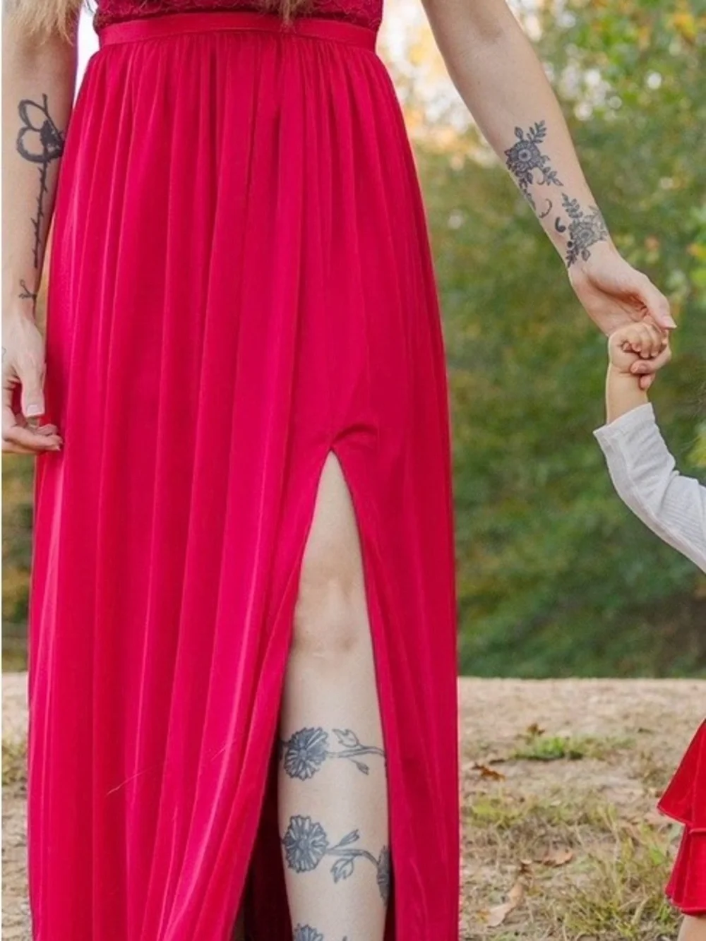 Red One-Shoulder Lace Bodice Maxi Dress - Women